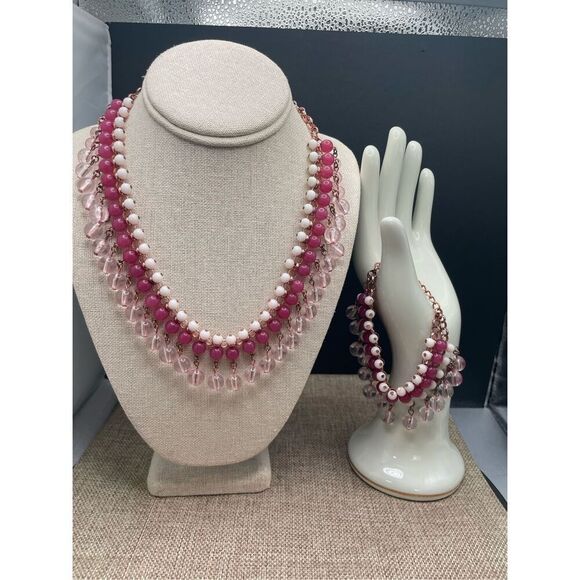 Coldwater Creek Fringe Necklace & Bracelet Set  Pink White Clear Acrylic Adjusta - Picture 7 of 8